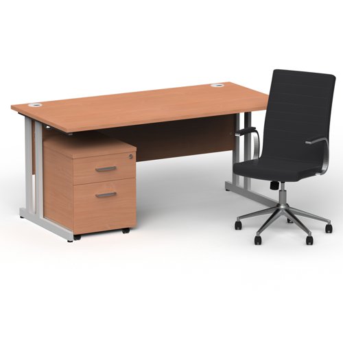 Impulse 1600mm Straight Office Desk Beech Top Silver Cantilever Leg with 2 Drawer Mobile Pedestal and Ezra Black