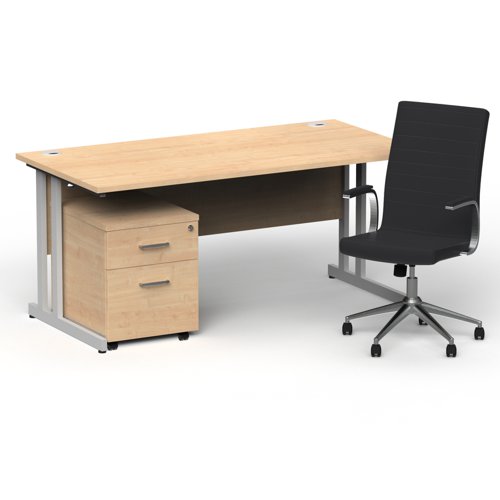 Impulse 1600mm Straight Office Desk Maple Top Silver Cantilever Leg with 2 Drawer Mobile Pedestal and Ezra Black