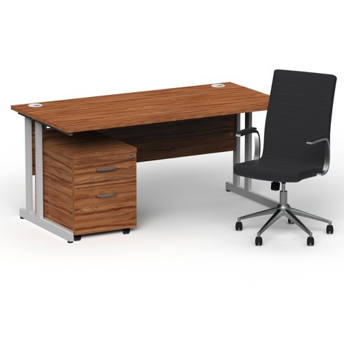 Impulse 1600mm Straight Office Desk Walnut Top Silver Cantilever Leg with 2 Drawer Mobile Pedestal and Ezra Black