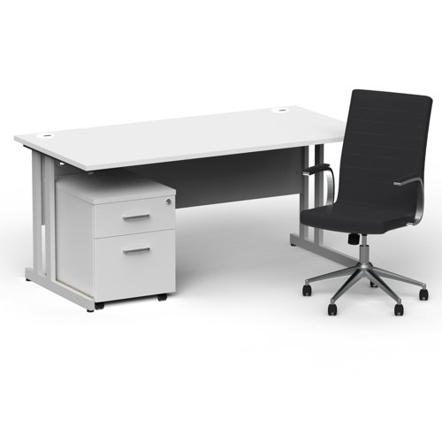 Impulse 1600mm Straight Office Desk White Top Silver Cantilever Leg with 2 Drawer Mobile Pedestal and Ezra Black