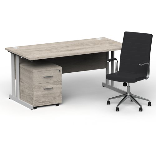 Impulse 1600mm Straight Office Desk Grey Oak Top Silver Cantilever Leg with 2 Drawer Mobile Pedestal and Ezra Black