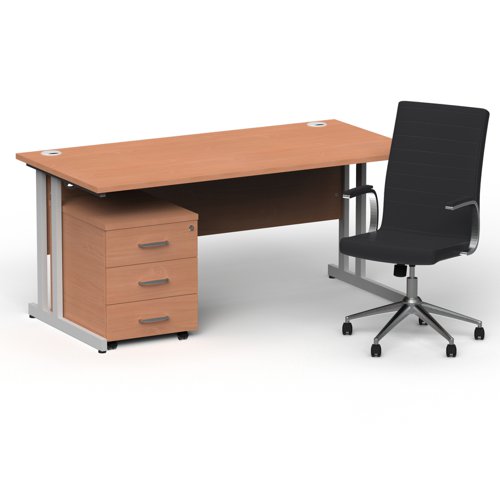 Impulse 1600mm Straight Office Desk Beech Top Silver Cantilever Leg with 3 Drawer Mobile Pedestal and Ezra Black