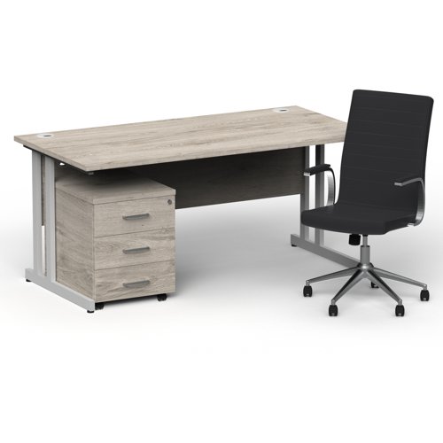 Impulse 1600mm Straight Office Desk Grey Oak Top Silver Cantilever Leg with 3 Drawer Mobile Pedestal and Ezra Black