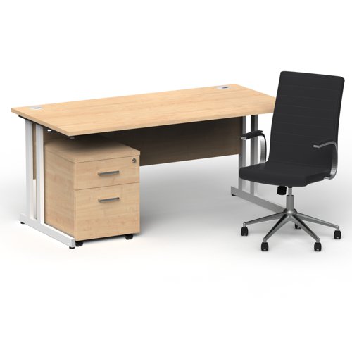Impulse 1600mm Straight Office Desk Maple Top White Cantilever Leg with 2 Drawer Mobile Pedestal and Ezra Black
