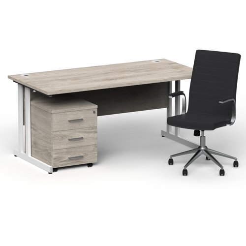 Impulse 1600mm Straight Office Desk Grey Oak Top White Cantilever Leg with 3 Drawer Mobile Pedestal and Ezra Black