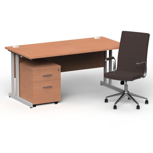 Impulse 1600mm Straight Office Desk Beech Top Silver Cantilever Leg with 2 Drawer Mobile Pedestal and Ezra Brown