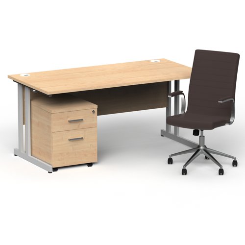 Impulse 1600mm Straight Office Desk Maple Top Silver Cantilever Leg with 2 Drawer Mobile Pedestal and Ezra Brown