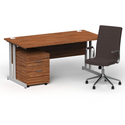Impulse 1600mm Straight Office Desk Walnut Top Silver Cantilever Leg with 2 Drawer Mobile Pedestal and Ezra Brown