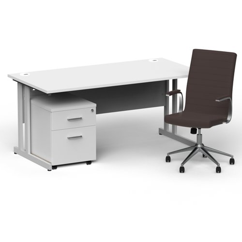 Impulse 1600mm Straight Office Desk White Top Silver Cantilever Leg with 2 Drawer Mobile Pedestal and Ezra Brown