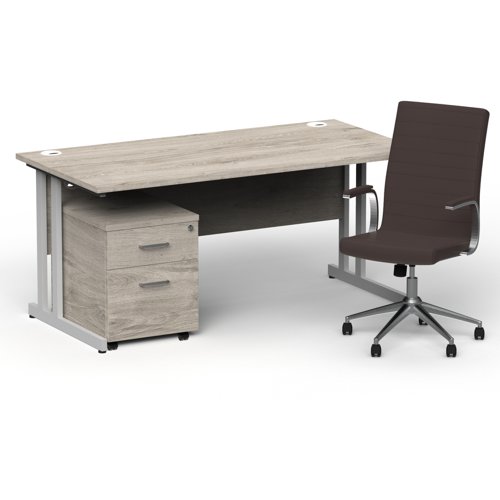 Impulse 1600mm Straight Office Desk Grey Oak Top Silver Cantilever Leg with 2 Drawer Mobile Pedestal and Ezra Brown