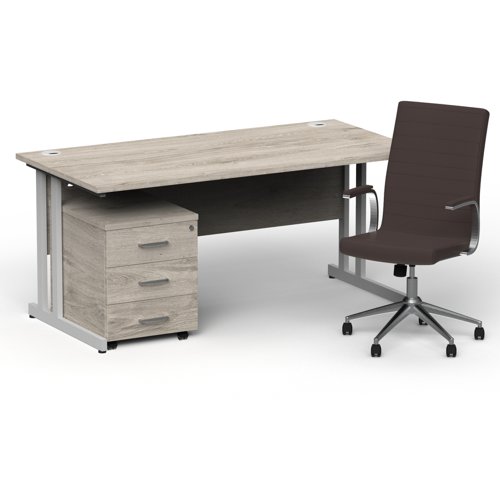 BUND1324 Impulse 1600mm Straight Office Desk Grey Oak Top Silver Cantilever Leg with 3 Drawer Mobile Pedestal and Ezra Brown