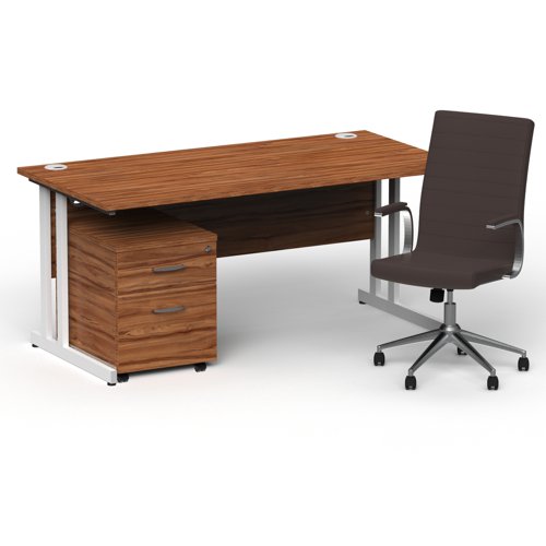 Impulse 1600mm Straight Office Desk Walnut Top White Cantilever Leg with 2 Drawer Mobile Pedestal and Ezra Brown