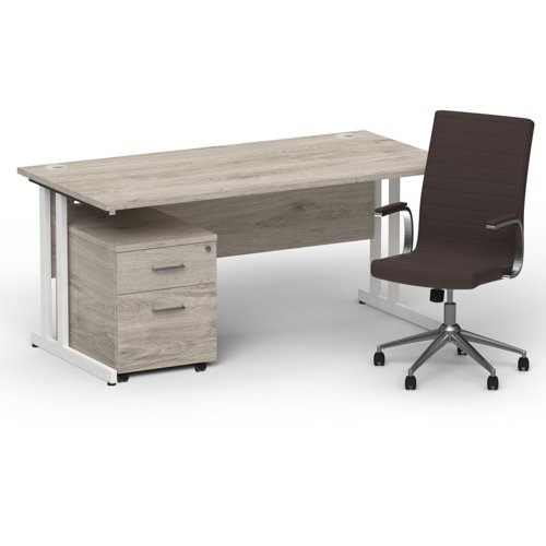 Impulse 1600mm Straight Office Desk Grey Oak Top White Cantilever Leg with 2 Drawer Mobile Pedestal and Ezra Brown