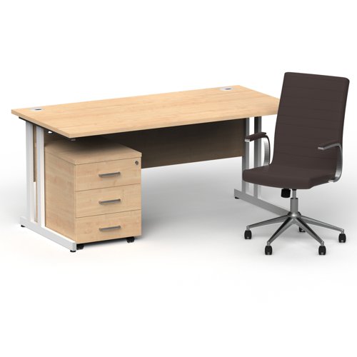 Impulse 1600mm Straight Office Desk Maple Top White Cantilever Leg with 3 Drawer Mobile Pedestal and Ezra Brown
