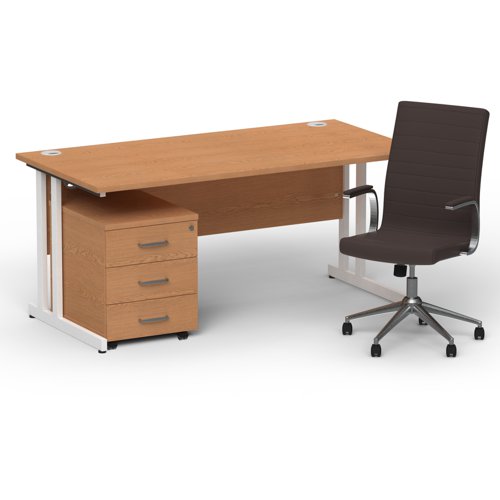 BUND1333 Impulse 1600mm Straight Office Desk Oak Top White Cantilever Leg with 3 Drawer Mobile Pedestal and Ezra Brown