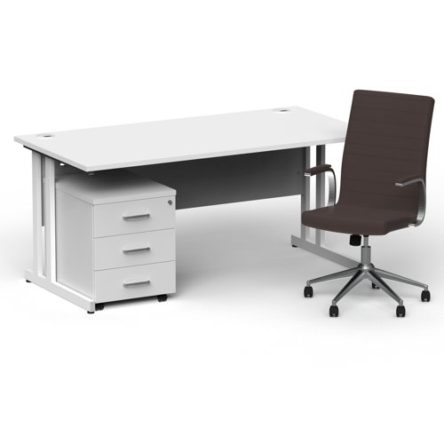 Impulse 1600mm Straight Office Desk White Top White Cantilever Leg with 3 Drawer Mobile Pedestal and Ezra Brown