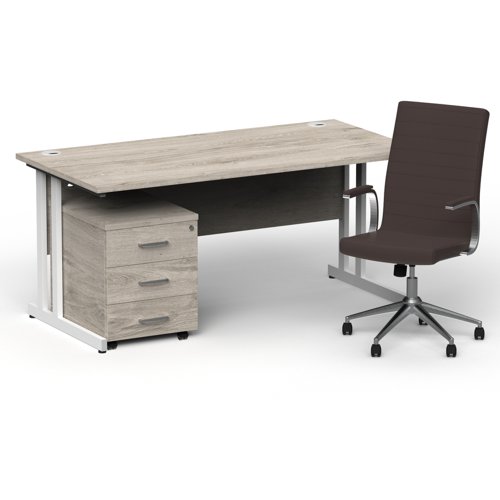 Impulse 1600mm Straight Office Desk Grey Oak Top White Cantilever Leg with 3 Drawer Mobile Pedestal and Ezra Brown