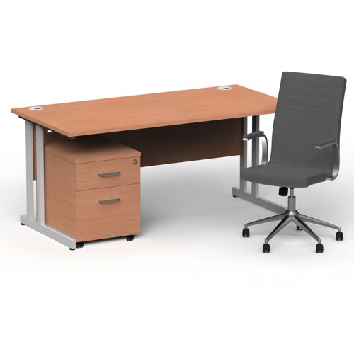 Impulse 1600mm Straight Office Desk Beech Top Silver Cantilever Leg with 2 Drawer Mobile Pedestal and Ezra Grey