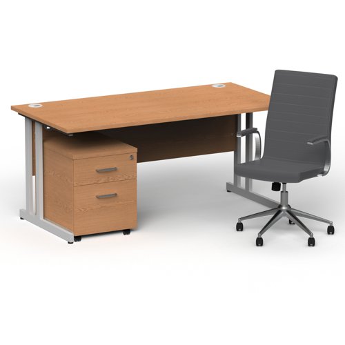 Impulse 1600mm Straight Office Desk Oak Top Silver Cantilever Leg with 2 Drawer Mobile Pedestal and Ezra Grey