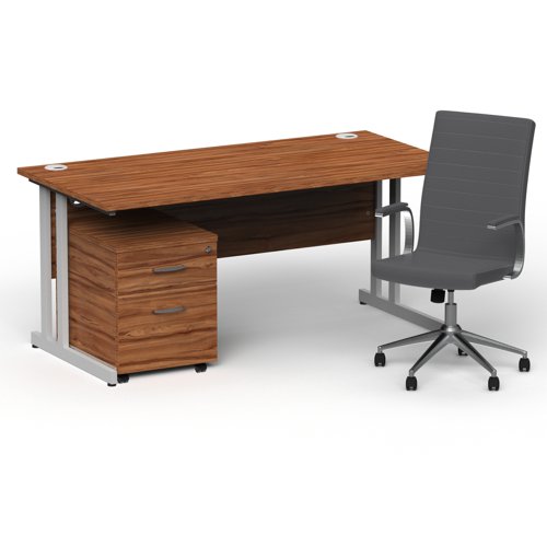 Impulse 1600mm Straight Office Desk Walnut Top Silver Cantilever Leg with 2 Drawer Mobile Pedestal and Ezra Grey