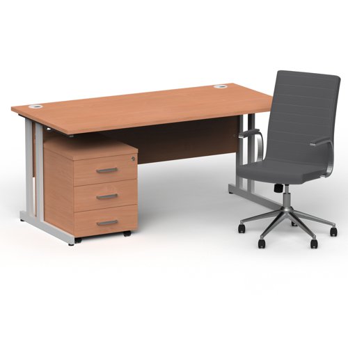 Impulse 1600mm Straight Office Desk Beech Top Silver Cantilever Leg with 3 Drawer Mobile Pedestal and Ezra Grey
