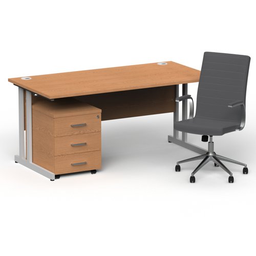 Impulse 1600mm Straight Office Desk Oak Top Silver Cantilever Leg with 3 Drawer Mobile Pedestal and Ezra Grey