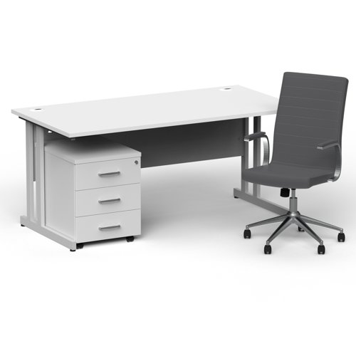 BUND1347 Impulse 1600mm Straight Office Desk White Top Silver Cantilever Leg with 3 Drawer Mobile Pedestal and Ezra Grey