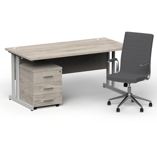 Impulse 1600mm Straight Office Desk Grey Oak Top Silver Cantilever Leg with 3 Drawer Mobile Pedestal and Ezra Grey