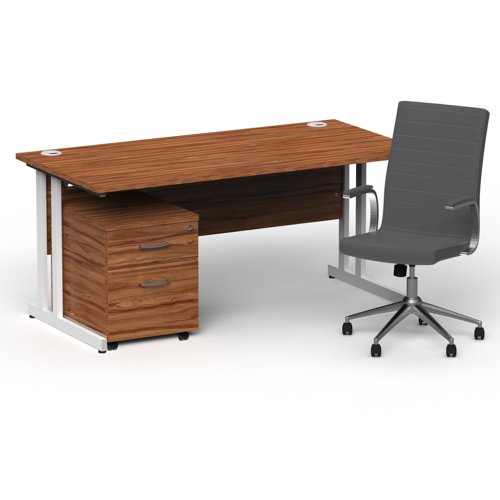 Impulse 1600mm Straight Office Desk Walnut Top White Cantilever Leg with 2 Drawer Mobile Pedestal and Ezra Grey