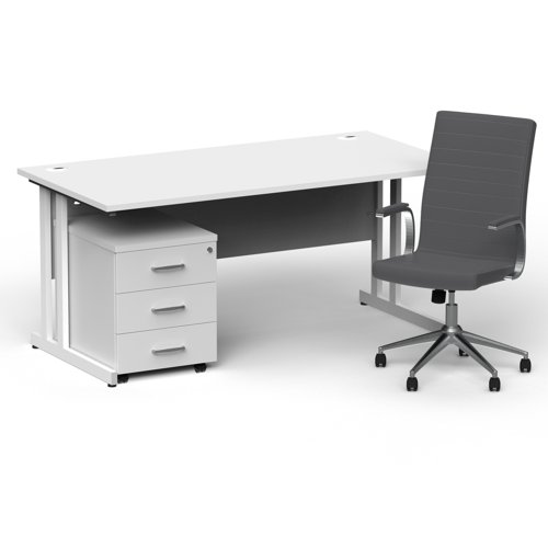 Impulse 1600mm Straight Office Desk White Top White Cantilever Leg with 3 Drawer Mobile Pedestal and Ezra Grey