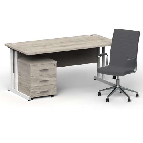 Impulse 1600mm Straight Office Desk Grey Oak Top White Cantilever Leg with 3 Drawer Mobile Pedestal and Ezra Grey