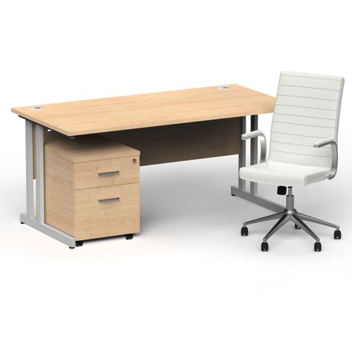 Impulse 1600mm Straight Office Desk Maple Top Silver Cantilever Leg with 2 Drawer Mobile Pedestal and Ezra White