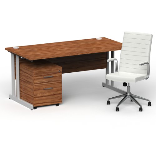 Impulse 1600mm Straight Office Desk Walnut Top Silver Cantilever Leg with 2 Drawer Mobile Pedestal and Ezra White