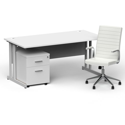 BUND1365 Impulse 1600mm Straight Office Desk White Top Silver Cantilever Leg with 2 Drawer Mobile Pedestal and Ezra White