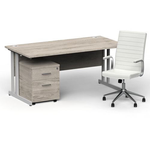 Impulse 1600mm Straight Office Desk Grey Oak Top Silver Cantilever Leg with 2 Drawer Mobile Pedestal and Ezra White