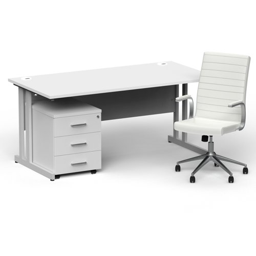 Impulse 1600mm Straight Office Desk White Top Silver Cantilever Leg with 3 Drawer Mobile Pedestal and Ezra White