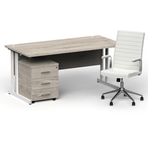 Impulse 1600mm Straight Office Desk Grey Oak Top White Cantilever Leg with 3 Drawer Mobile Pedestal and Ezra White