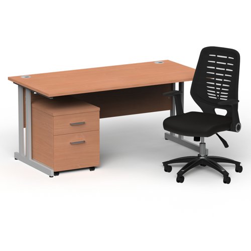 Impulse 1600mm Straight Office Desk Beech Top Silver Cantilever Leg with 2 Drawer Mobile Pedestal and Relay Black Back