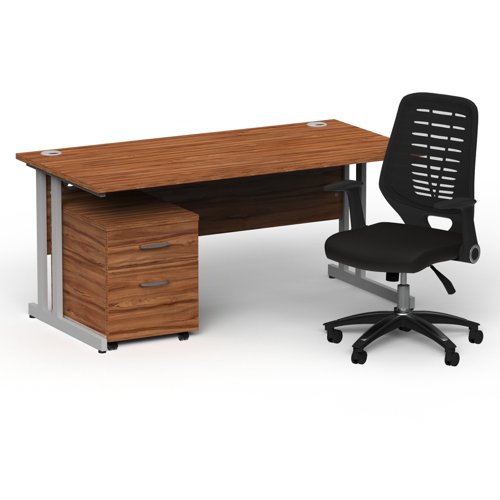 Impulse 1600mm Straight Office Desk Walnut Top Silver Cantilever Leg with 2 Drawer Mobile Pedestal and Relay Black Back