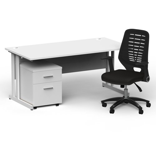 Impulse 1600mm Straight Office Desk White Top Silver Cantilever Leg with 2 Drawer Mobile Pedestal and Relay Black Back