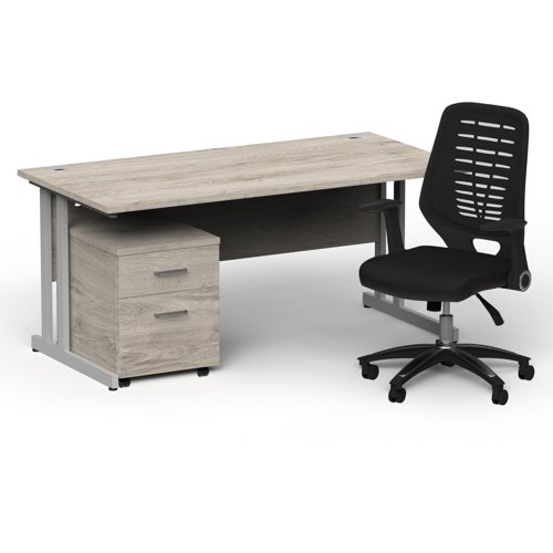 Impulse 1600mm Straight Office Desk Grey Oak Top Silver Cantilever Leg with 2 Drawer Mobile Pedestal and Relay Black Back
