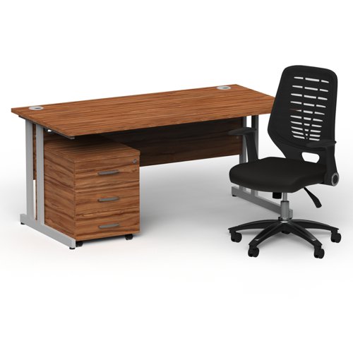Impulse 1600mm Straight Office Desk Walnut Top Silver Cantilever Leg with 3 Drawer Mobile Pedestal and Relay Black Back