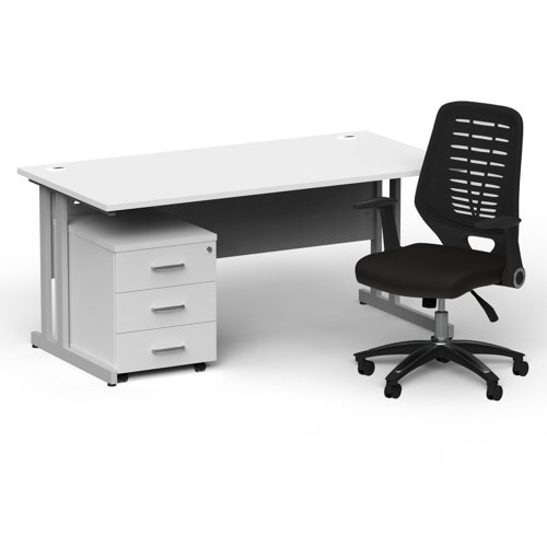 Impulse 1600mm Straight Office Desk White Top Silver Cantilever Leg with 3 Drawer Mobile Pedestal and Relay Black Back