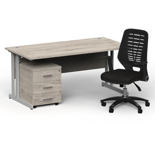 Impulse 1600mm Straight Office Desk Grey Oak Top Silver Cantilever Leg with 3 Drawer Mobile Pedestal and Relay Black Back
