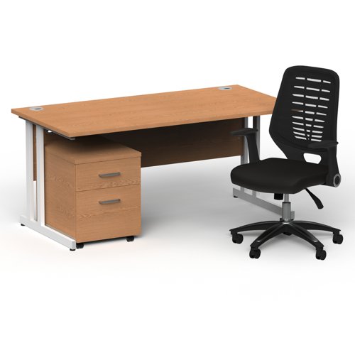 Impulse 1600mm Straight Office Desk Oak Top White Cantilever Leg with 2 Drawer Mobile Pedestal and Relay Black Back