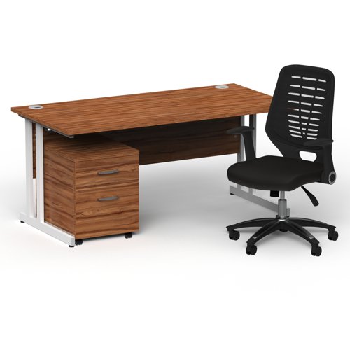 Impulse 1600mm Straight Office Desk Walnut Top White Cantilever Leg with 2 Drawer Mobile Pedestal and Relay Black Back