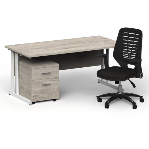 Impulse 1600/800 White Cant Desk Grey Oak + 2 Dr Mobile Ped & Relay Black Back