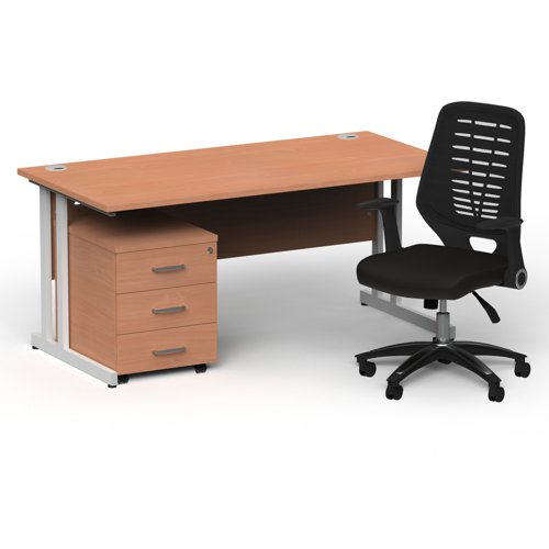 Impulse 1600mm Straight Office Desk Beech Top White Cantilever Leg with 3 Drawer Mobile Pedestal and Relay Black Back