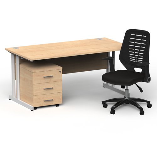 Impulse 1600mm Straight Office Desk Maple Top White Cantilever Leg with 3 Drawer Mobile Pedestal and Relay Black Back