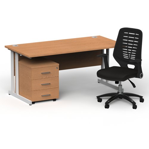 Impulse 1600mm Straight Office Desk Oak Top White Cantilever Leg with 3 Drawer Mobile Pedestal and Relay Black Back